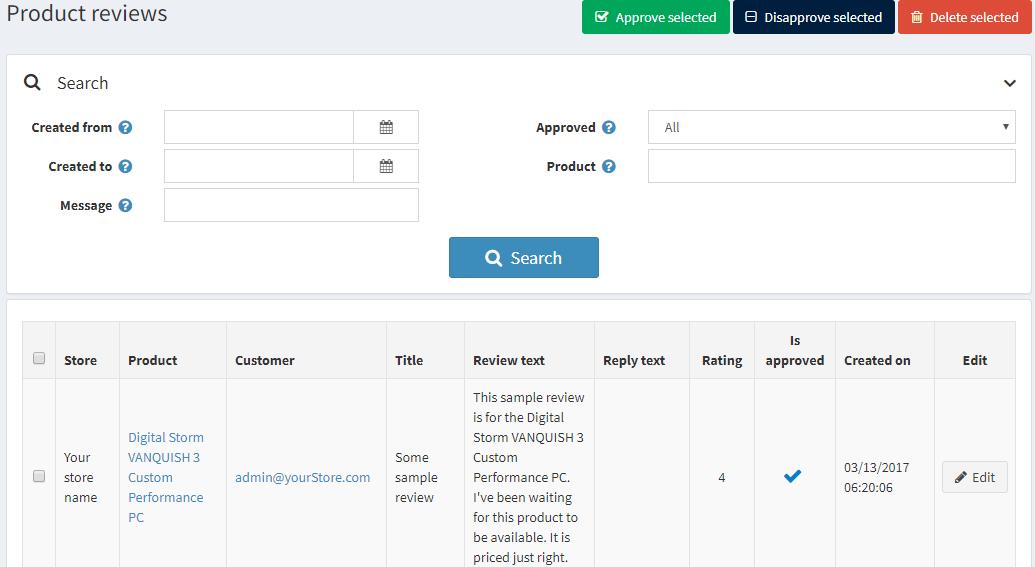 مدیریت نظرات محصول