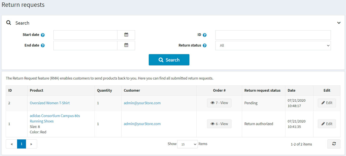 درخواست‌های مرجوعی مدیریت